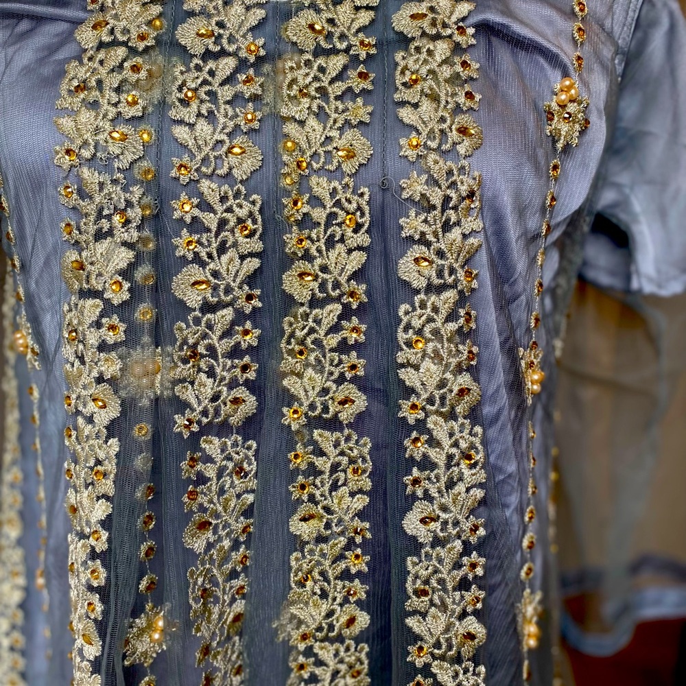 Beautiful Pakistani style grey A line Shirt with Plazo and dubata